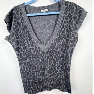 Cache Womens Grey Leopard Print V-Neck Sweater Vest Cashmere Angora Blend Small